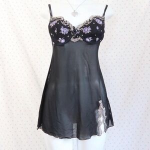 y2k black floral lace babydoll mini dress